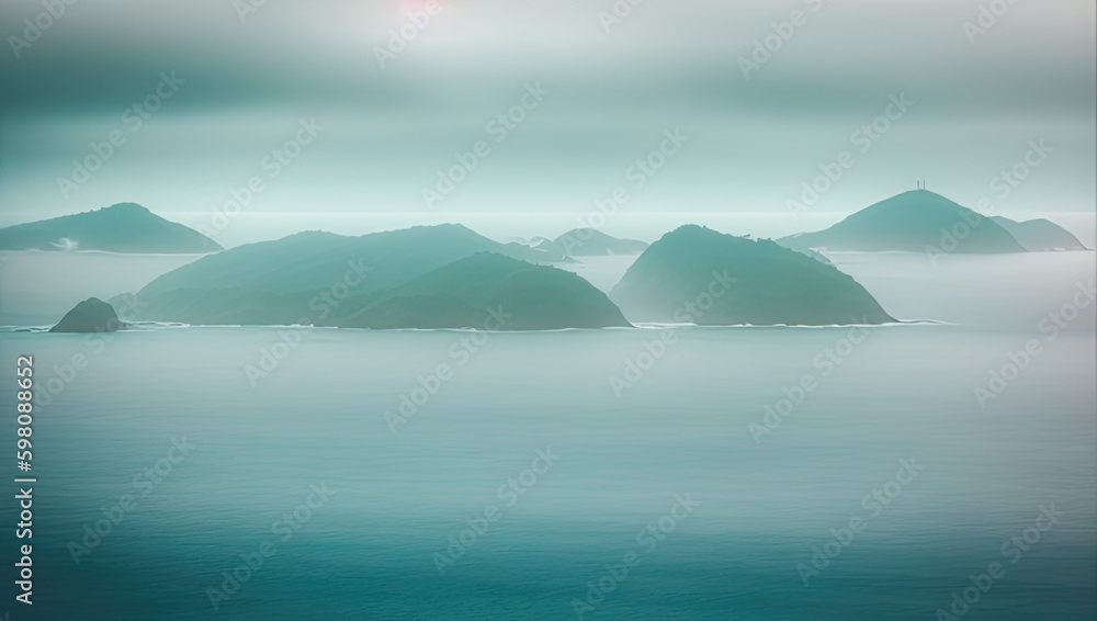 Misty islets: a serene water horizon with sheltered landforms Haze Generative AI