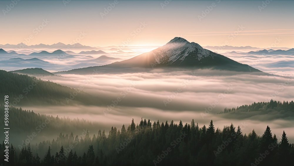 Majestic Fog: A Breathtaking Mountain Landscape in Misty Haze Generative AI