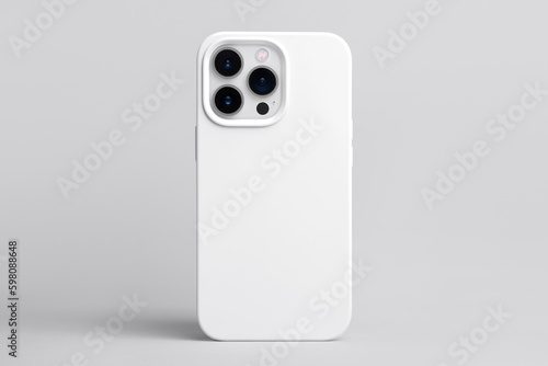  iPhone 13 and 14 Pro Max in white case back view isolated on grey background, phone cover mock up