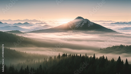Majestic Fog: A Breathtaking Mountain Landscape in Misty Haze Generative AI