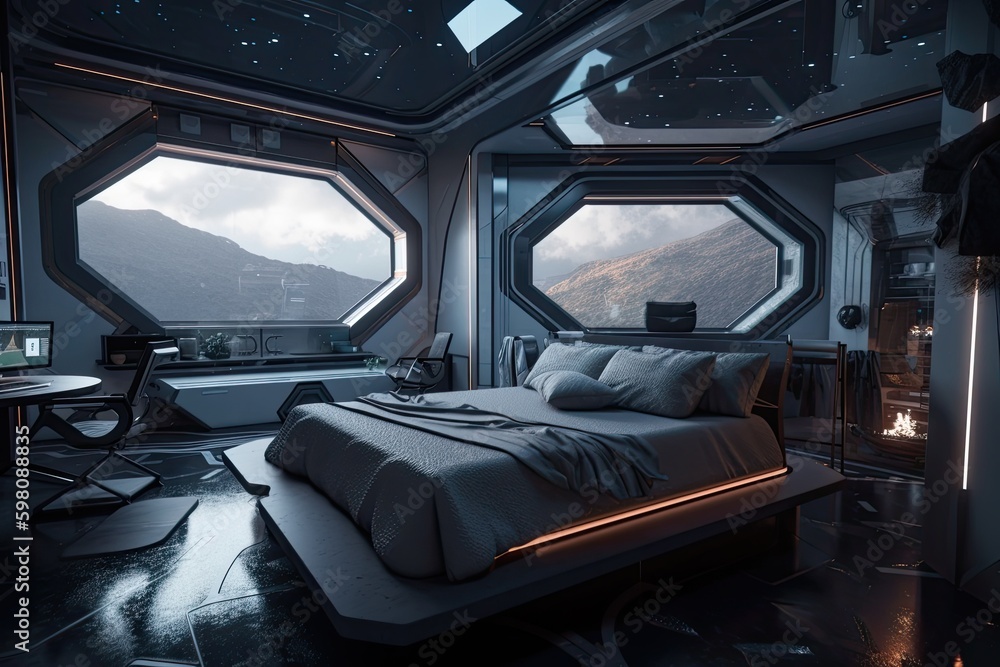 luxurious bedroom with view of the stars and galaxies, surrounded by futuristic spaceship interior, created with generative ai luxurious bedroom with view of the stars and galaxies, surrounded by futuristic spaceship interior, created with generative ai