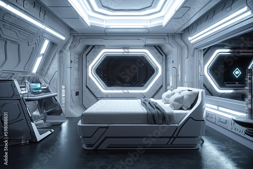luxurious bedroom with view of the stars and galaxies, surrounded by futuristic spaceship interior, created with generative ai