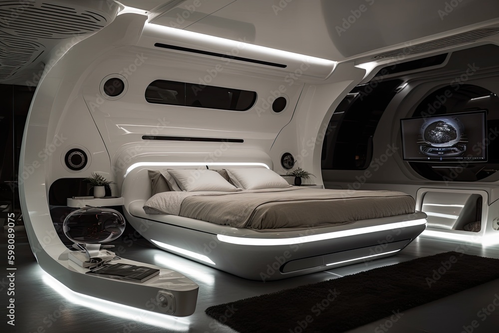futuristic spaceship bedroom with sleek metallic design and advanced technology, created with generative ai