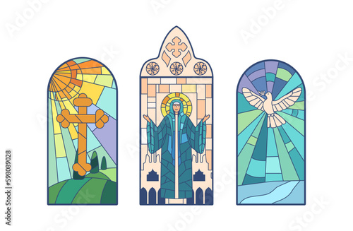 Stained Glass Windows Depict Cross, Saint Mary And White Dove. Intricate Patterns And Vibrant Colors Vector Illustration Generative AI