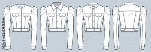 Cropped Denim Jackets technical fashion illusrtation. Puff Sleeves Jacket fashion flat technical drawing template, button down, pocket, slim fit, front and back view, white, women CAD mockup set.
