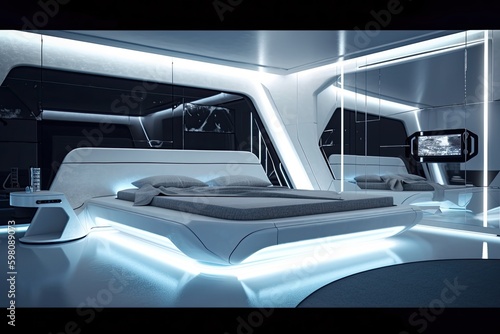 futuristic bedroom with sleek, futuristic furniture and floating light effects, created with generative ai