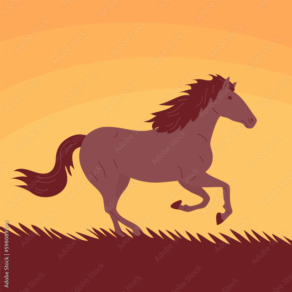Horse mustang. A free stallion gallops on the grass. Sunny sunset. A beautiful elegant animal with a mane and hooves. Cartoon vector illustration Horse mustang. A free stallion gallops on the grass. Sunny sunset. A beautiful elegant animal with a mane and hooves. Cartoon vector illustration