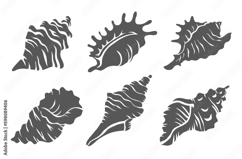 Obraz premium Snail sea shell. Set of black silhouettes. Marine underwater twisted seashell. Spiral shape. Undersea mollusc. Animal and wildlife. Blue silhouette. Vector illustration isolated on white background