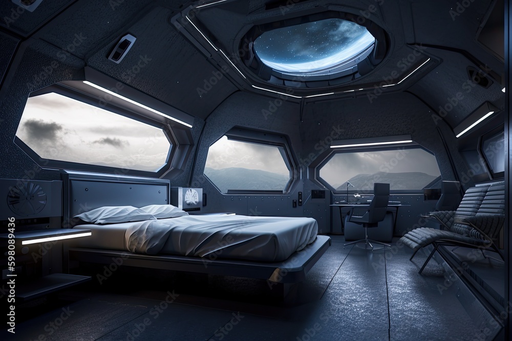 bedroom with panoramic view of the stars, futuristic spaceship visible in the distance, created with generative ai