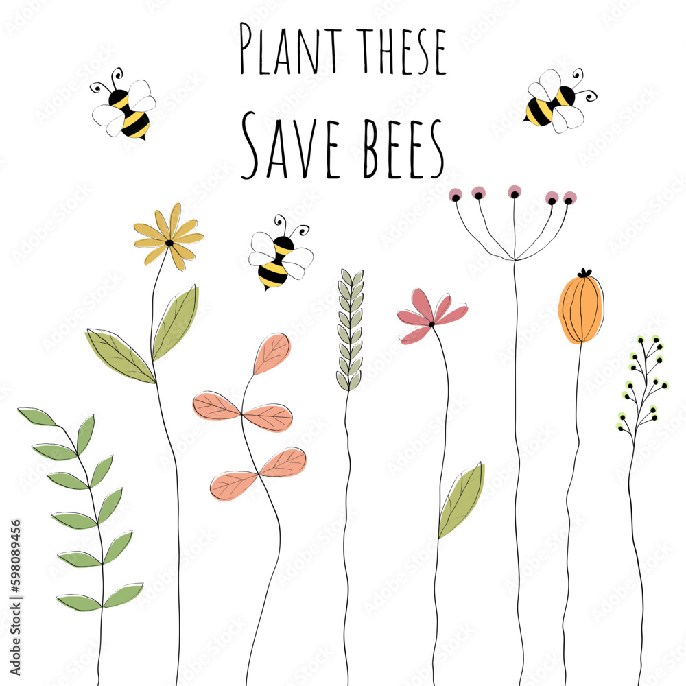 Plant these, save bees - Schriftzug in englischer Sprache - Planzen sie diese, retten sie Bienen. Motivationssatz für den Artenschutz der Bienen. Poster mit liebevoll gezeichneten Bienen und Blumen.