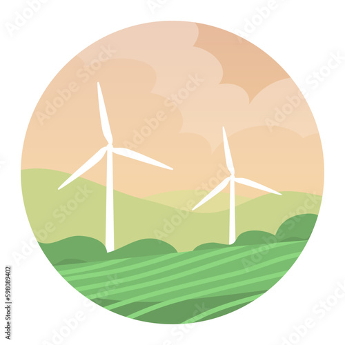 Ecological turbine wind generator on green fields. Natural electricity. Caring for the environment and an alternative source of energy. Flat vector illustration