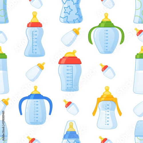 Seamless Pattern Featuring Baby Milk Bottles In Various Sizes And Colors, Perfect For Creating A Cute And Playful Look Generative AI