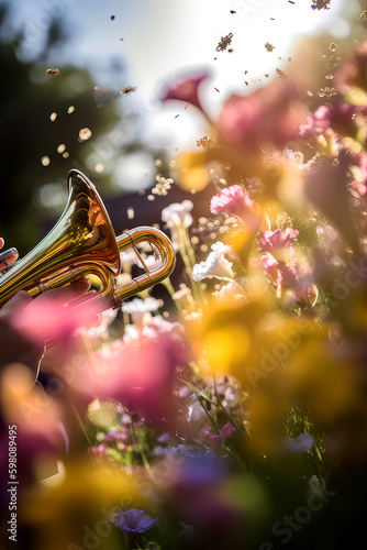 trumpet with flower garden, ai