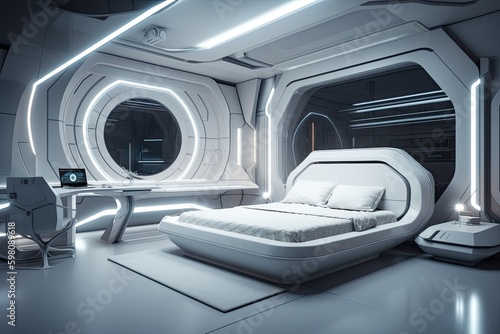 comfortable bed surrounded by futuristic design with sleek furnishings and technology, created with generative ai © Daria Horokhova