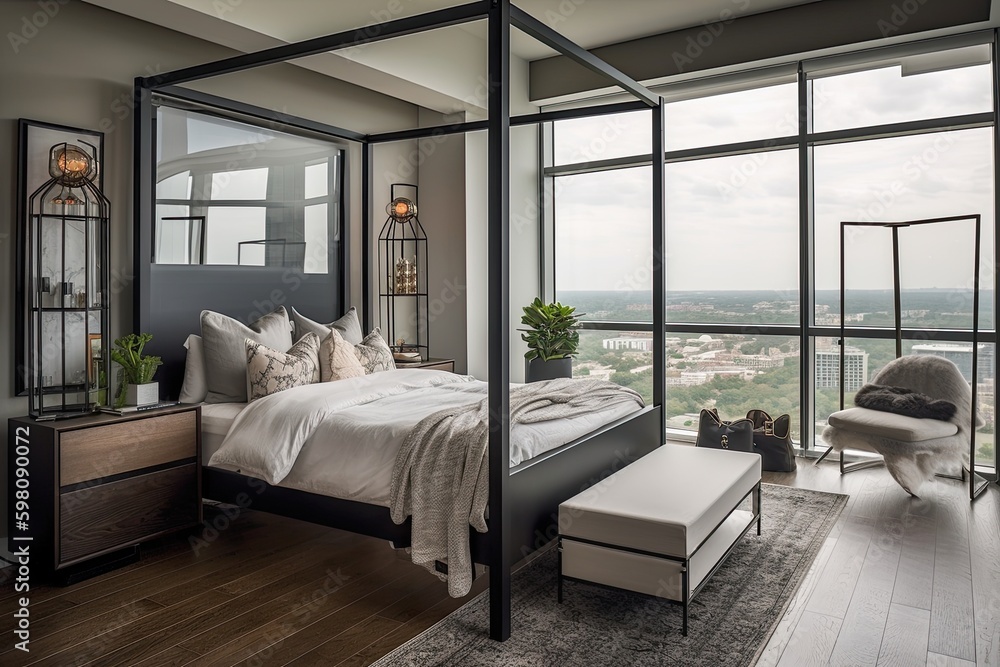 master bedroom with canopy bed and view of futuristic cityscape, created with generative ai