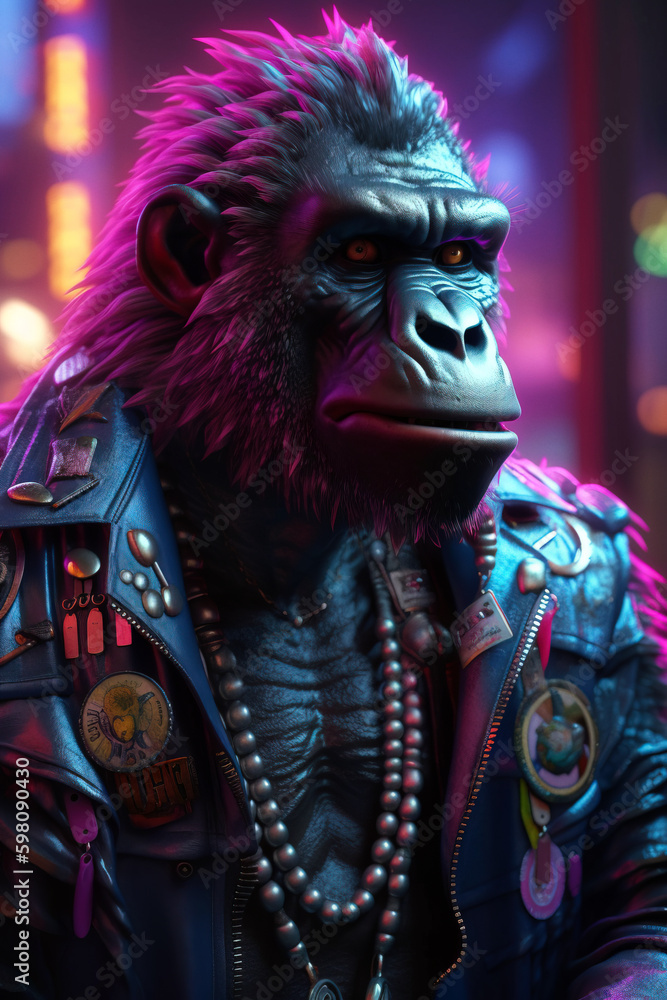 Gorilla in leather jacket on bright pink and cyan lights. Cyberpunk style with neon lights. Digitally generated AI image