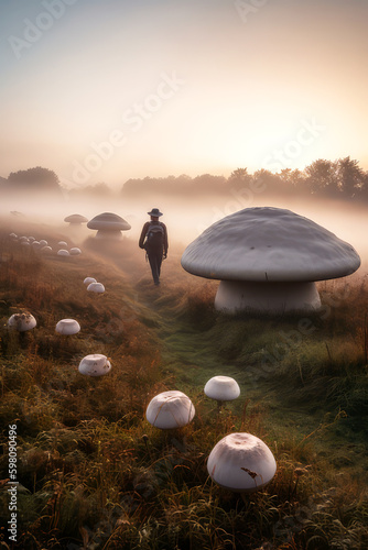  person walking through a field of giant mushroom, ai