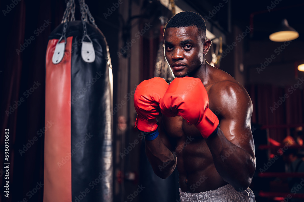 Boxing training of athlete african american man punching a bag at muay thai gym. Active male workout sport club for cardio and body strength. Health and lifestyles concept. Boxing training of athlete african american man punching a bag at muay thai gym. Active male workout sport club for cardio and body strength. Health and lifestyles concept.