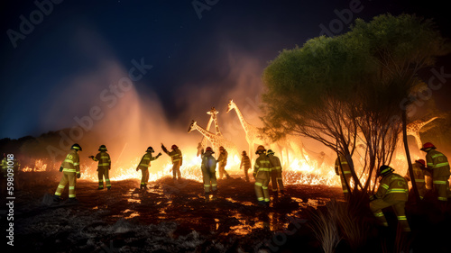 group of giraffes as firefighters putting out a raging fire  with humans as the victims being saved  ai