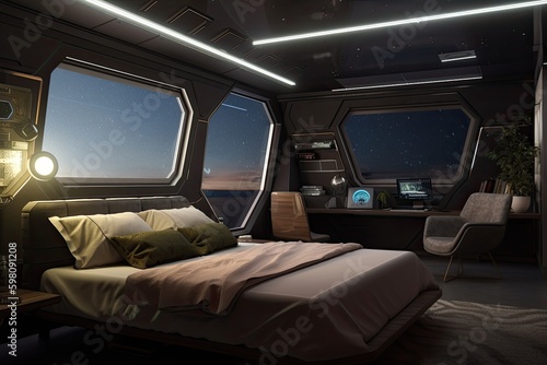 sci-bedroom with view of the stars, and spaceship hovering in the distance, created with generative ai
