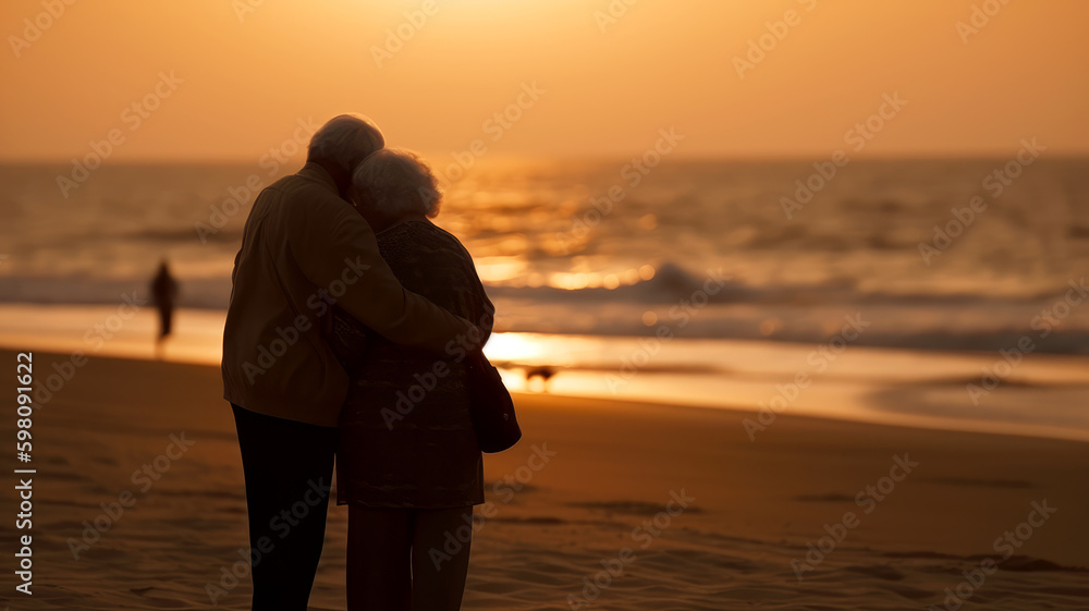 A photograph of a couple embracing on a sandy beach, ai