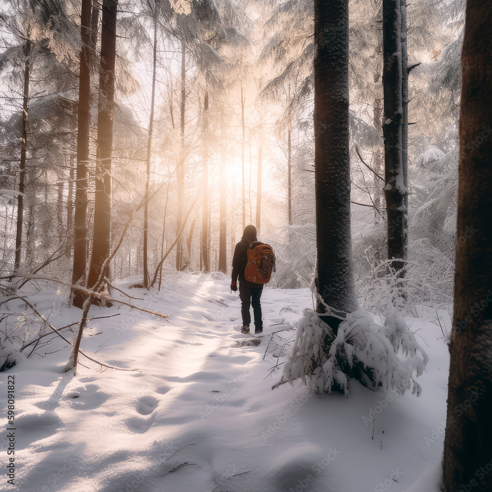 person snowshoeing in a snowy forest, ai