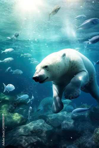 polar bear swimming in the ocean, ai © Fatih Nizam