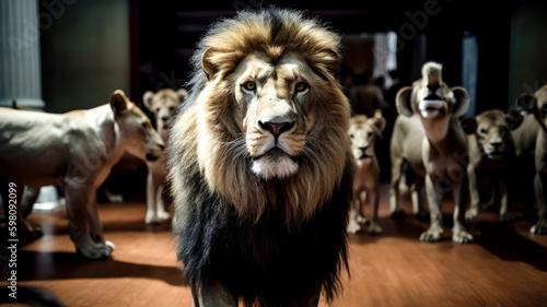 lion as the leader of a political summit, surrounded by other animal representatives, ai