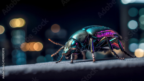 A photograph of a giant beetle crawling up the side of a tall building, its iridescent shell reflecting the city lights at night, ai