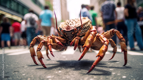 A photograph of a giant crab scuttling through the busy streets of the city, its massive claws clicking and clacking as it goes, ai photo