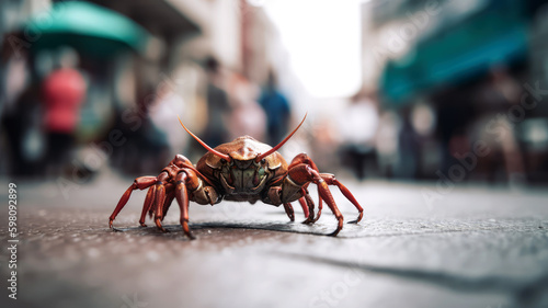 A photograph of a giant crab scuttling through the busy streets of the city, its massive claws clicking and clacking as it goes, ai