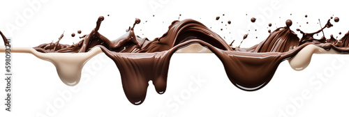 Flüssiger Schokolade fließt über eine imaginäre Kante als Freisteller, Generative AI photo
