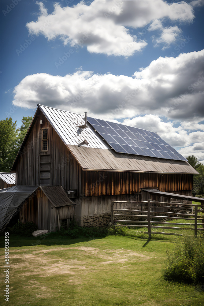 A photograph of a rustic barn with a solar panel, ai A photograph of a rustic barn with a solar panel, ai