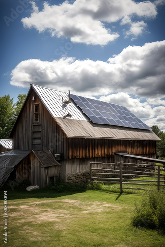  A photograph of a rustic barn with a solar panel, ai
