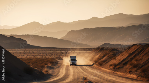 A photograph of a truck driving down a deserted road in the middle of nowhere, ai © Fatih Nizam