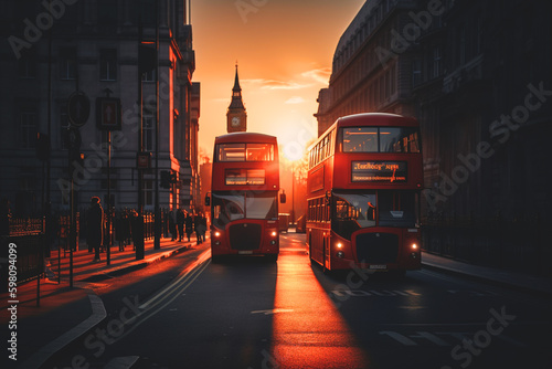 Red bus on road in London near Big Ben Clock Tower. Road traffic in London city. Big Ben in London on sunset. Red bus on City streets in England  UK  United Kingdom. Ai generative illustration.