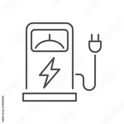 Charging station related vector linear icon. Car charging station with lightning. Electric fuel pump for public usage. EV rechagging point. Smart energy. Vector outline illustration. Editable stroke