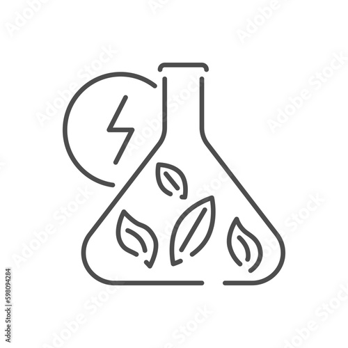 Biomass concept related vector linear icon. Laboratory flask with leaves and lightning. Ecological reseatch. Eco energy and biofuel. Outline illustration Isolated on white background. Editable stroke