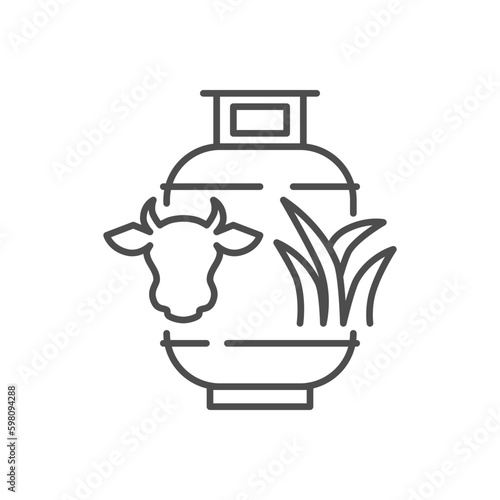 Biogas related vector linear icon. Gas cylinders icon with cow head and grass. Icon related to ecology, renewable energy. Vector outline illustration Isolated on white background. Editable stroke