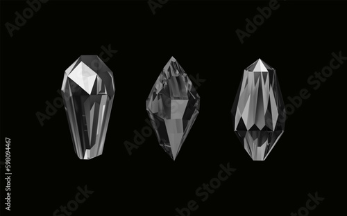 A collection of images of black diamonds of various geometric shapes and sizes.Glass shiny crystals with different shades reflecting light.Vector realistic set of glow gemstone or colorful ice.
