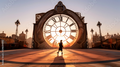 traveler walking across a stage with a giant clock as the backdrop, ai