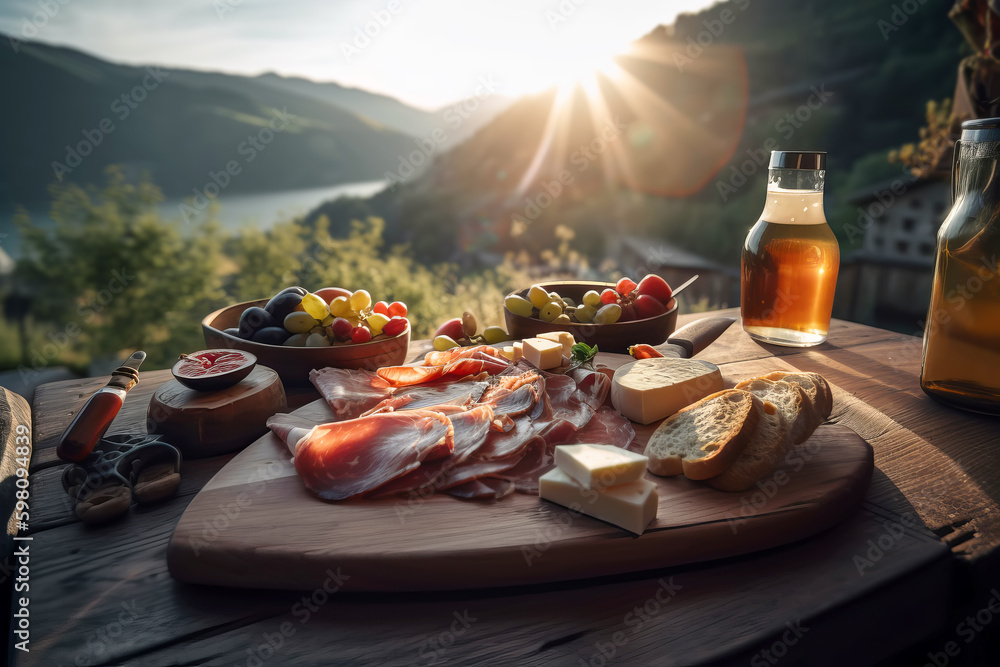 Fototapeta premium Italian appetizer prosciutto antipasti and cheeses on wooden board platter by mountain lake in the sun. Generative AI illustration Generative AI