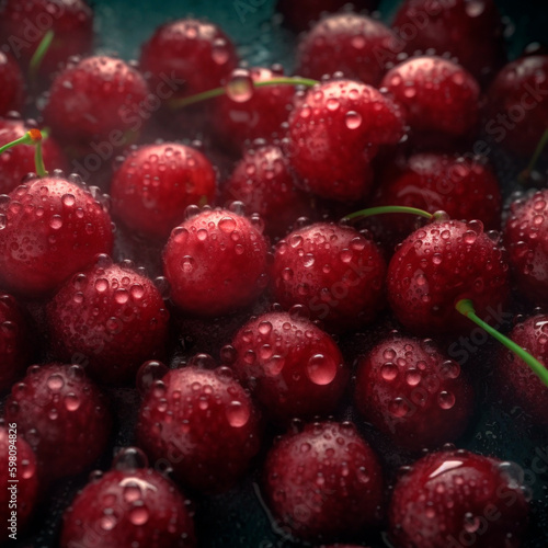 A lot of fresh cherry filling full frame little waterdrops professional photography