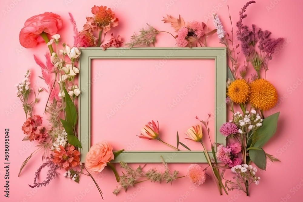 Obraz premium colorful wildflowers with wooden frame on pink background