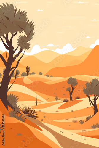 A desert scene with a desert with some trees scene flat illustration