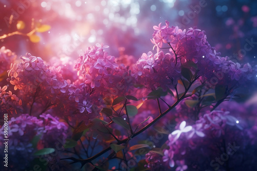 blooming lilac bushes in soft sunlight close up