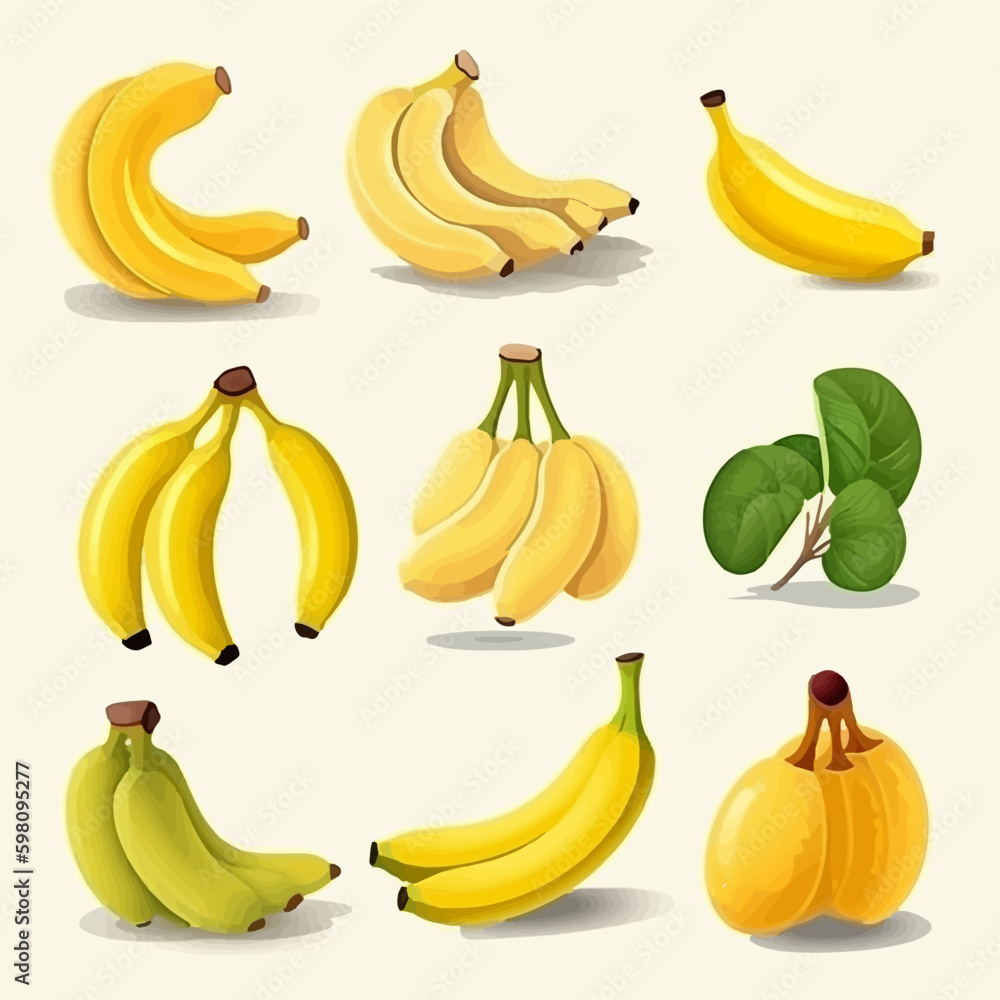 Set of banana stickers in different sizes and shapes.