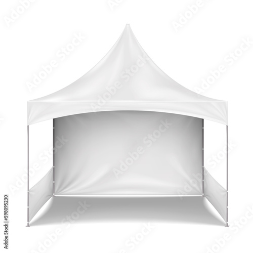 Blank white canopy pop-up tent with back wall and side walls realistic vector mock-up. Camping gazebo mockup. Outdoor summer event portable instant shelter template