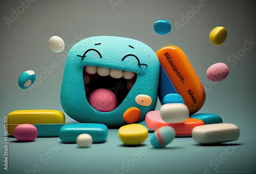 Smiling Pills Medicine Background Generative AI photo