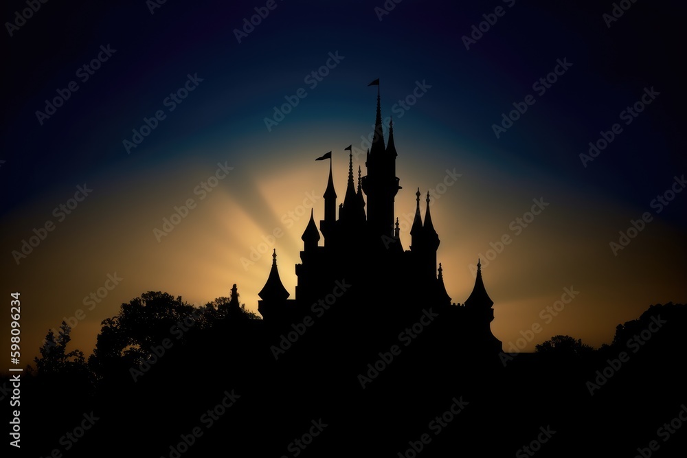 Silhouette of a magic castle with sun rays and gradient sky. Silhouette of a magic castle with sun rays and gradient sky.
